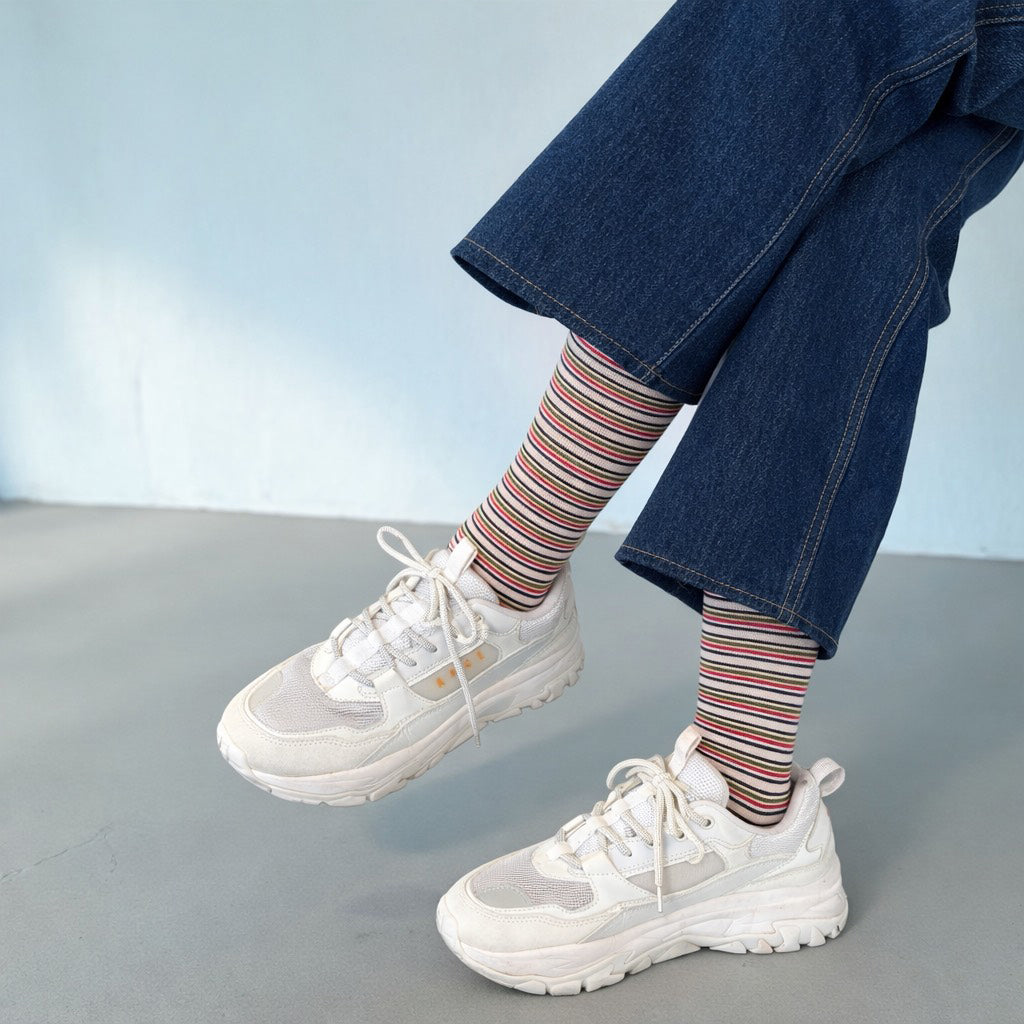 綿混着圧ハイソックス [変形ボーダー]